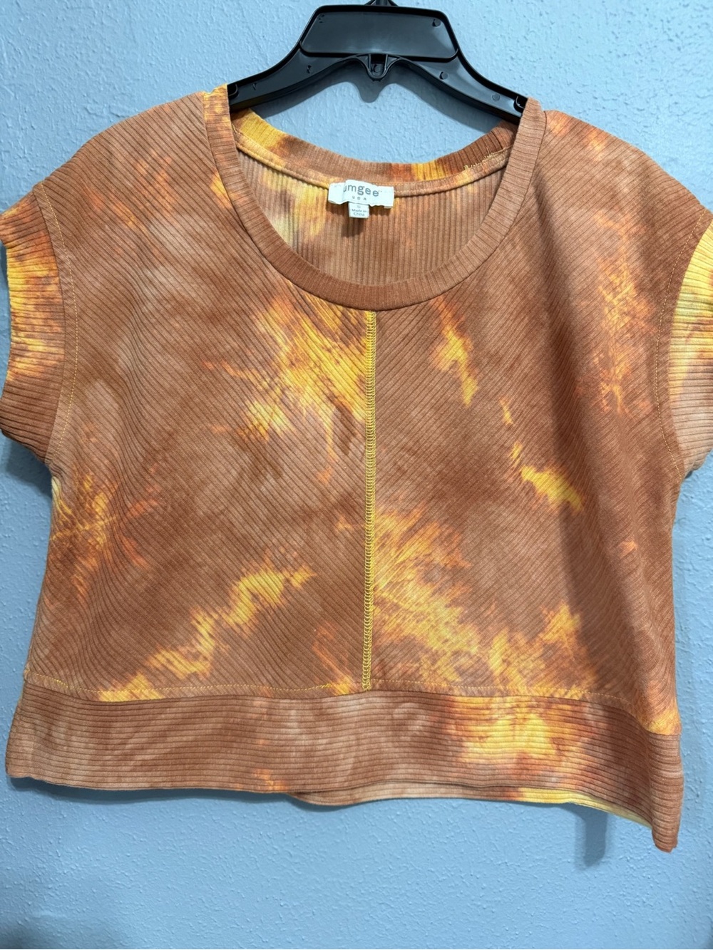 Umgee Ribbed Tie-Dye Short Sleeve Crop Top in Brown & Yellow style S